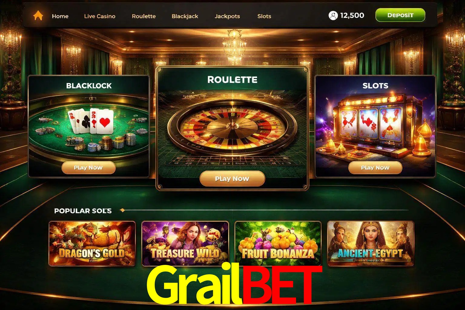 Vista de la plataforma Grailbet Casino mostrando categorías organizadas de juegos en línea