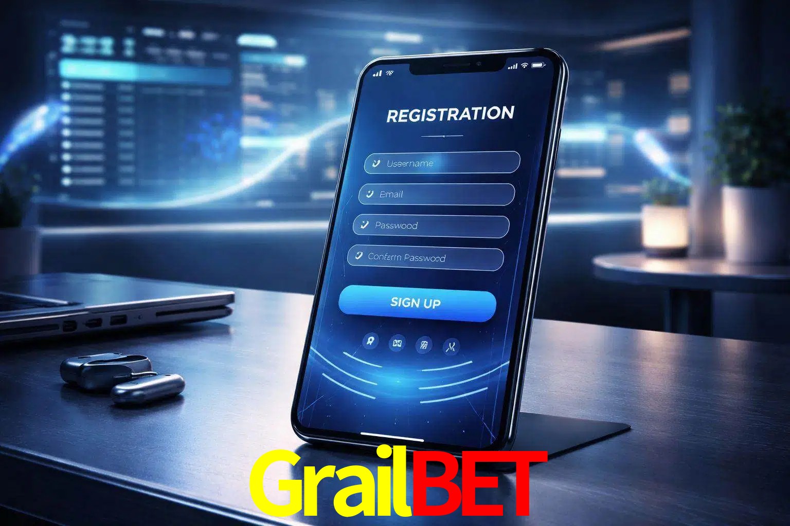 Una interfaz moderna de registro móvil para Grailbet mostrada en un smartphone con un panel de apuestas elegante.